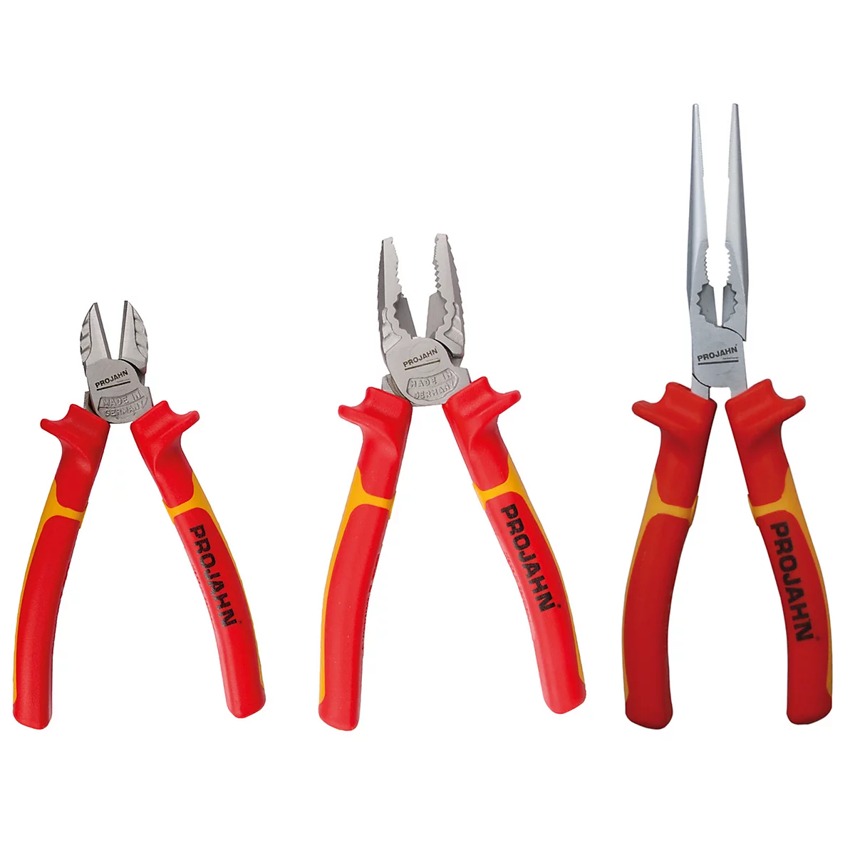 Trois pinces rouges avec des accents jaunes et l'inscription 'PRO JAHN'. Chaque pince a des pointes différentes.