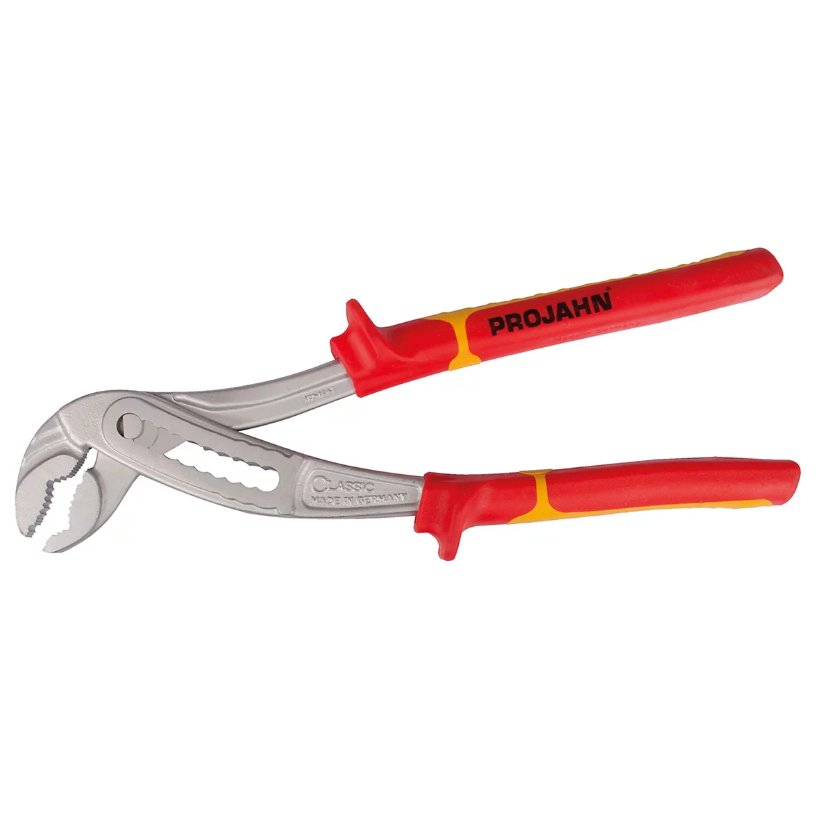 Wasserpumpenzange mit roten Griffen und gelben Akzenten.