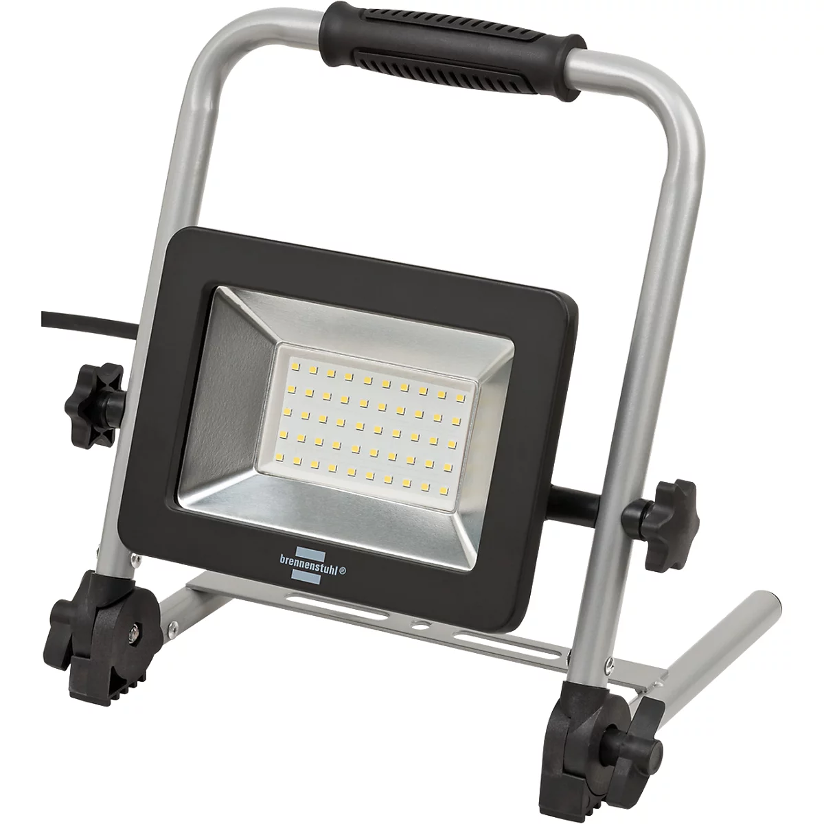Vue latérale d'une table de travail portable avec un support réglable en métal argenté et un panneau de commande noir.