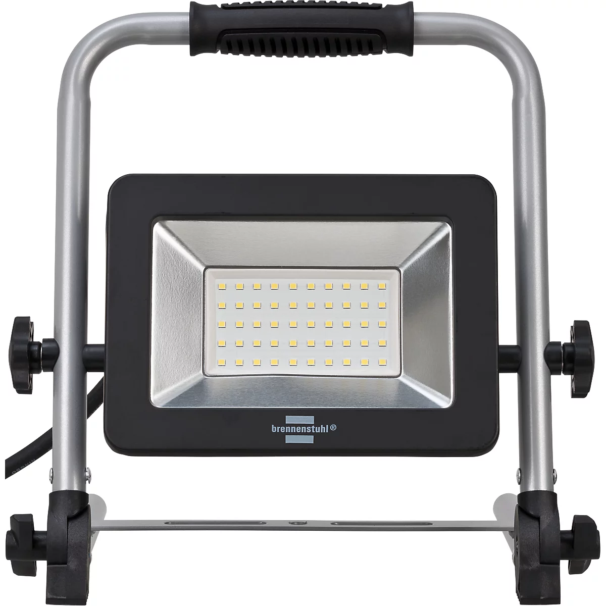 Un projecteur LED de construction portable avec un boîtier rectangulaire noir et unSupport en aluminium. La lampe présente environ 30 petites LED.