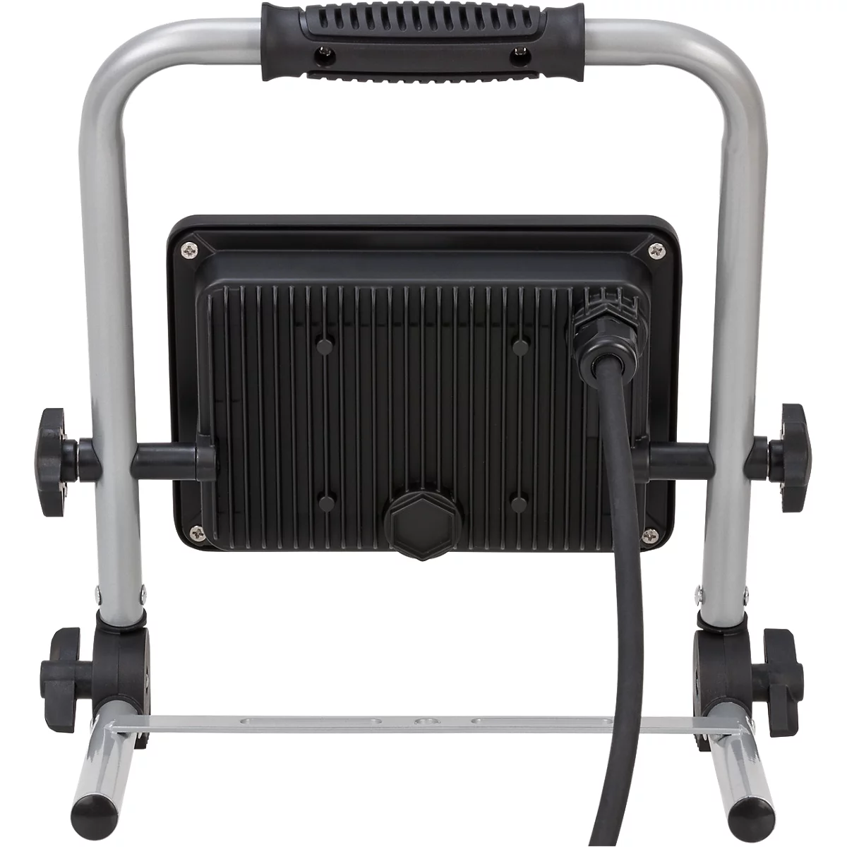 Vue arrière d'un projecteur de chantier portable avec un boîtier noir sur un cadre en métal argenté et un câble.
