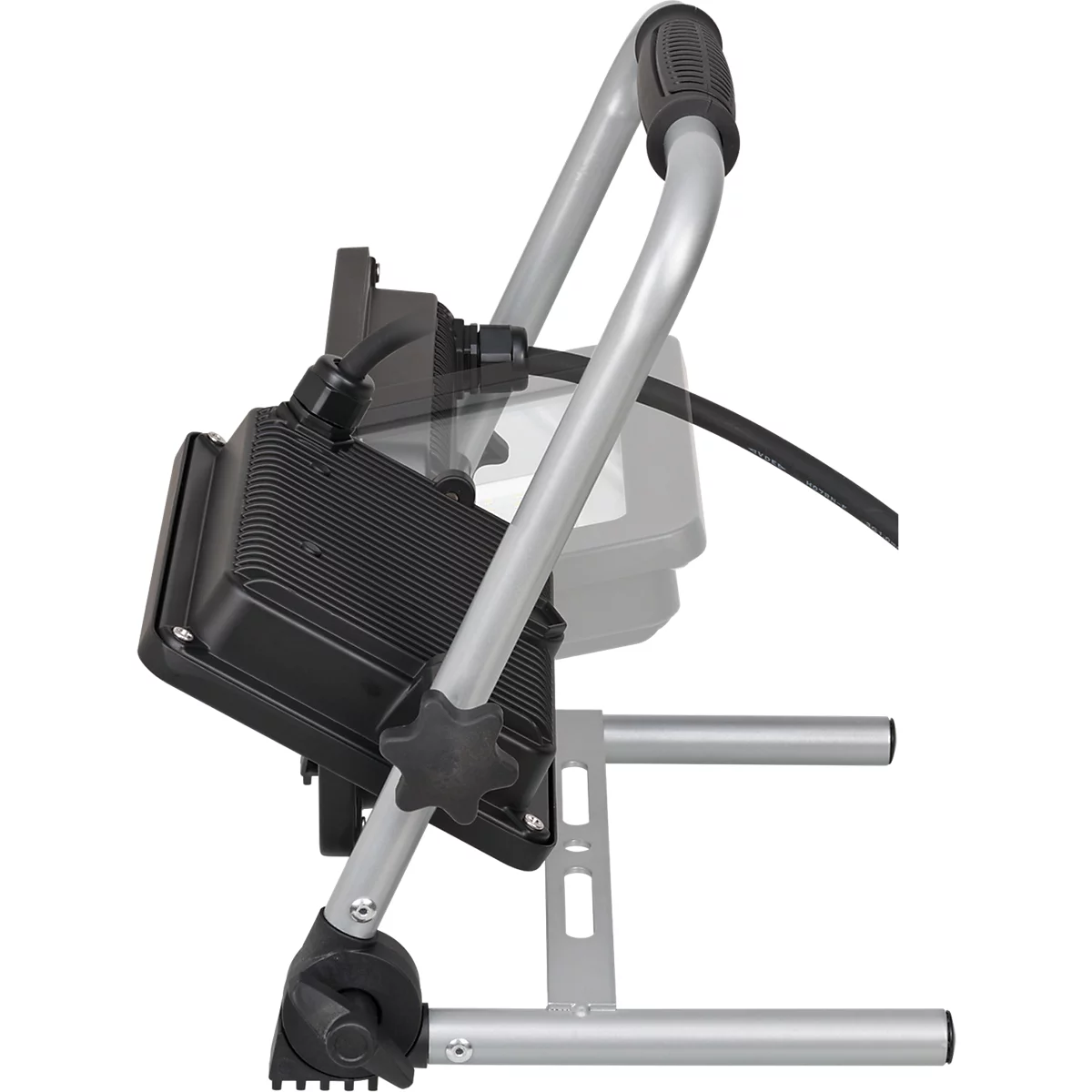 Fauteuil roulant électrique plié, cadre en aluminium argenté, pièces en plastique noir, sans vue sur les sièges.