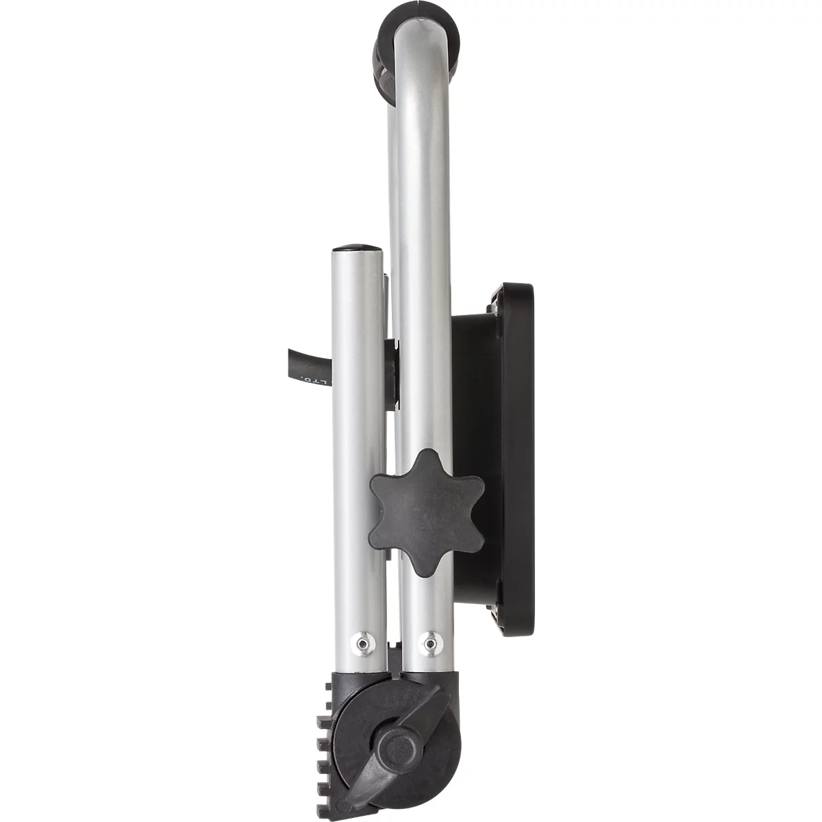 Un mécanisme pliable en argent, composé de deux tubes avec un verrou noir tournant qui sécurise le mécanisme.