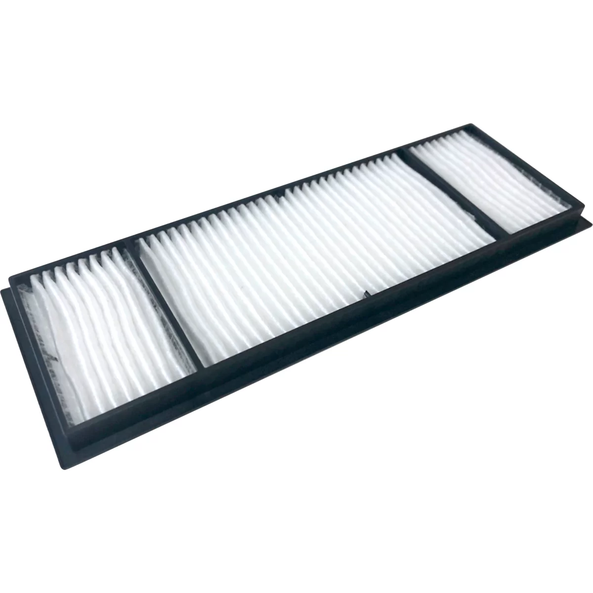 Un filtre à air rectangulaire, avec des plis blancs dans un cadre noir. Il est sur fond blanc.