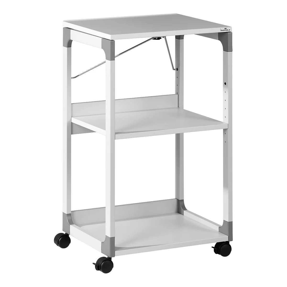 White, rolling serving cart with three levels. Black wheels, grey corner connectors and a foldable top shelf.