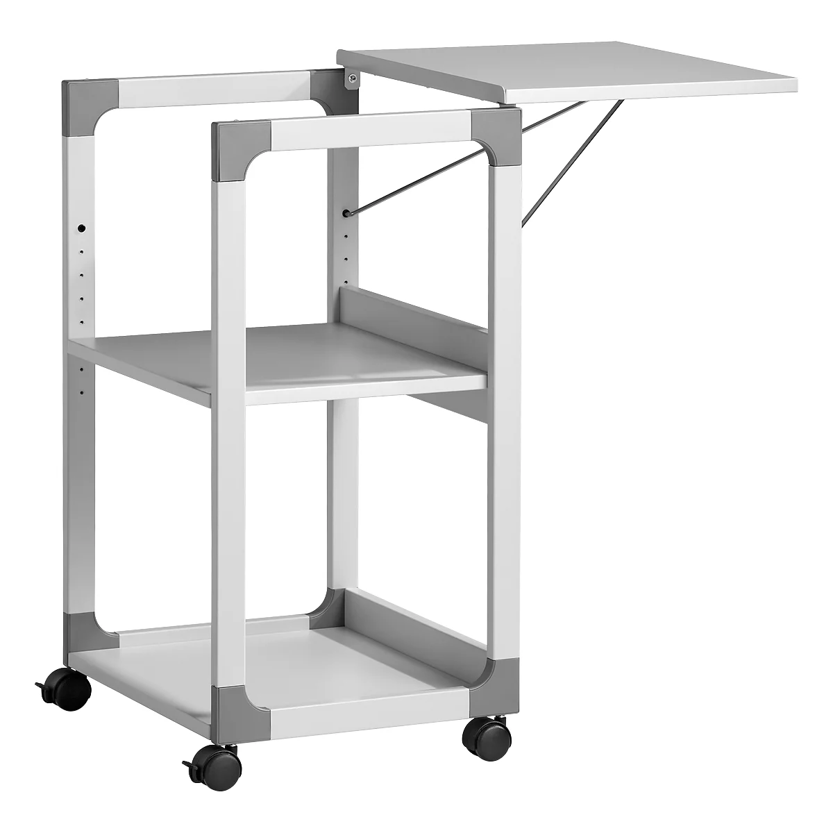 A white serving cart with gray corners, three levels, and a fold-out work surface.