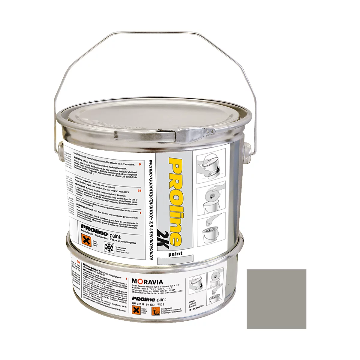 A paint bucket of the brand Proline. The label shows information about the paint, the quantity and the Moravia brand.