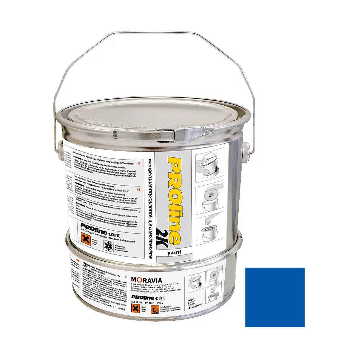 A metal paint bucket with a blue color swatch. The bucket reads in yellow letters PROline 2K paint.