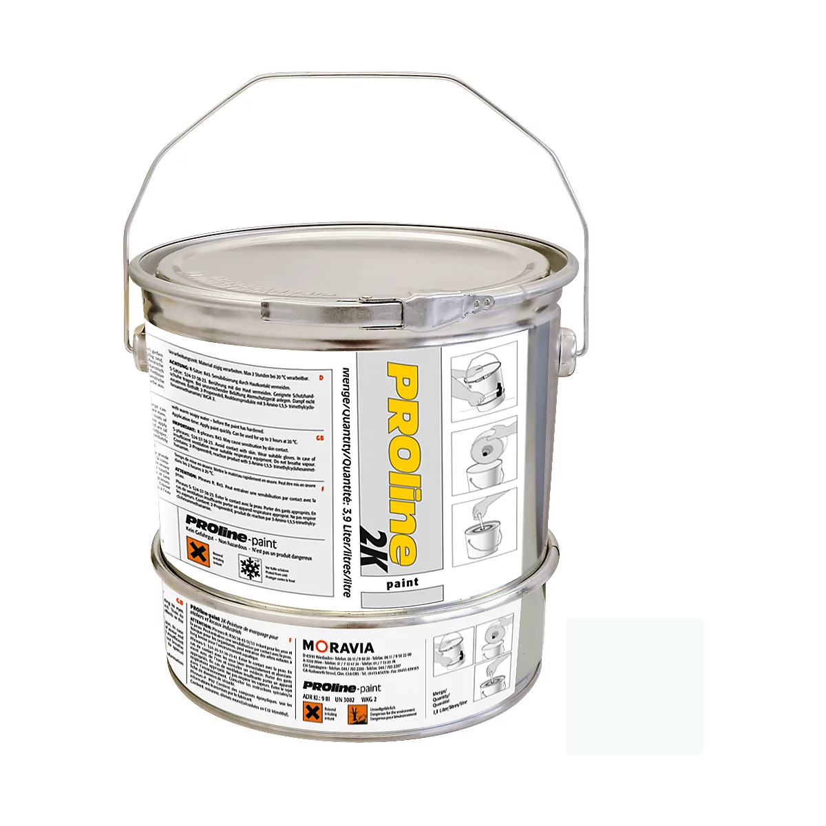 Silver paint bucket with handle, yellow text "PROline 2K paint" on white background, next to it pictograms.