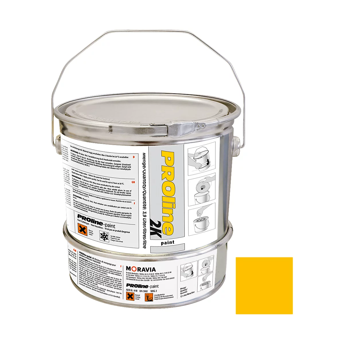 A yellow paint bucket labeled Proline, with a swatch of the same color.