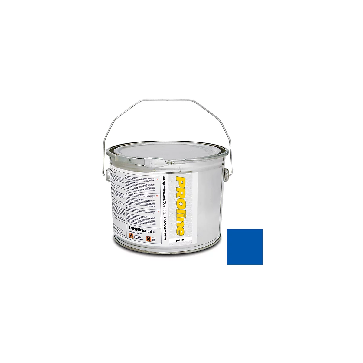 A metal paint bucket from Proline, with handle, white label and blue color sample.