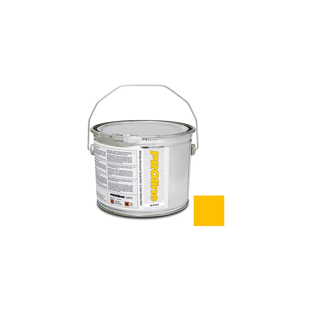 Yellow paint bucket with handle. Sticker with the lettering PROline, quantity 5 liters. Color sample on the right.