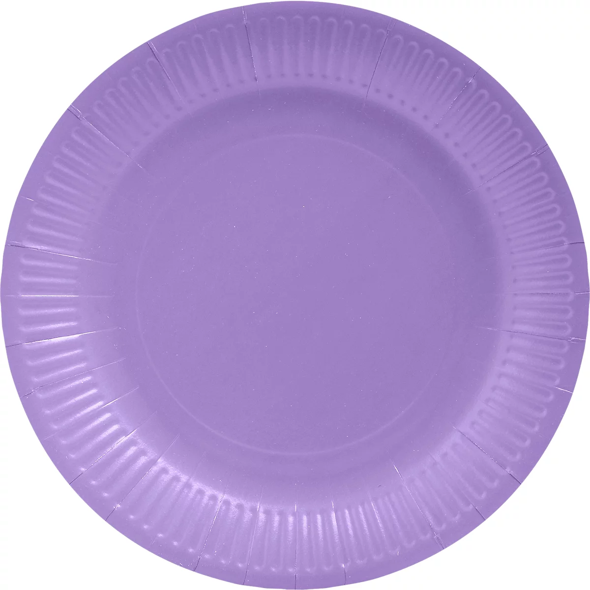 Assiette en papier lilas clair avec un bord strié.