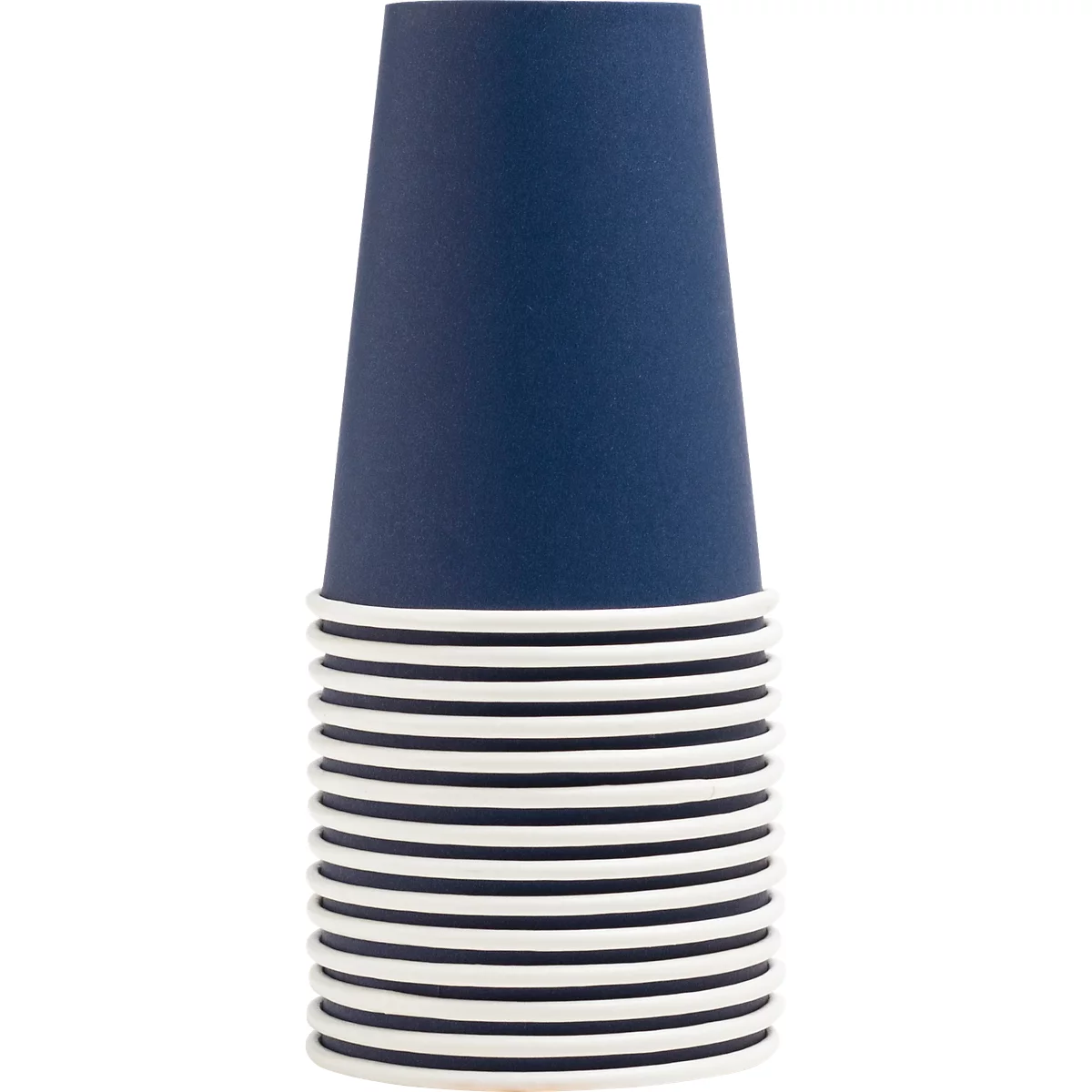 Une pile de gobelets en papier bleus avec des bords blancs, prêts à l'emploi.