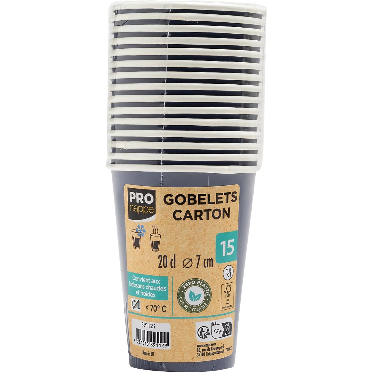 Un empilement de gobelets en carton. La partie inférieure est bleue, la partie supérieure présente des rayures noires et blanches. Inscription : 'GOBELETS CARTON, 20 d ø 7 cm, 15'