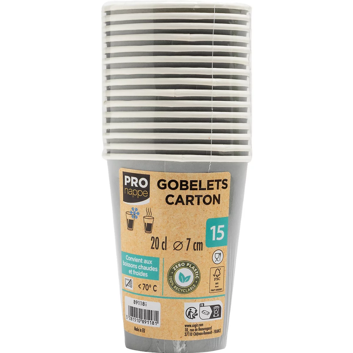 Un paquet de gobelets en carton. La partie supérieure avec des gobelets blancs, la partie inférieure grise avec des informations sur le produit.