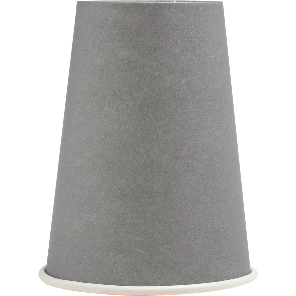 Gobelet en carton gris avec bord blanc. Forme conique.