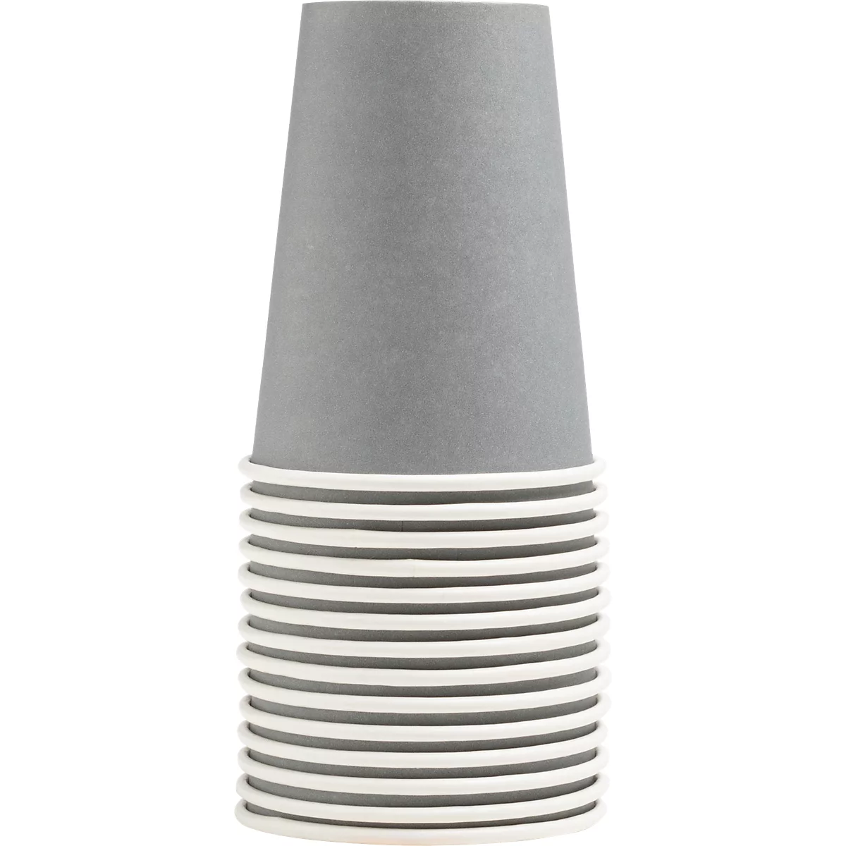 Pile de gobelets en carton gris, la tasse du dessus dépasse.
