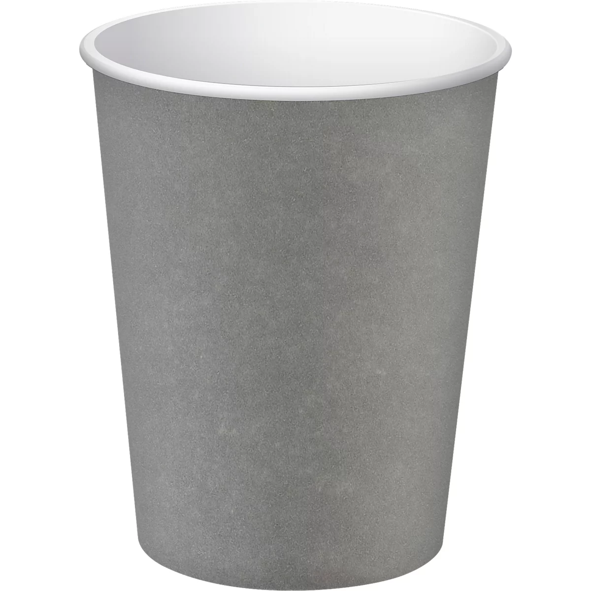 Gobelet en papier gris avec bord et intérieur blancs.