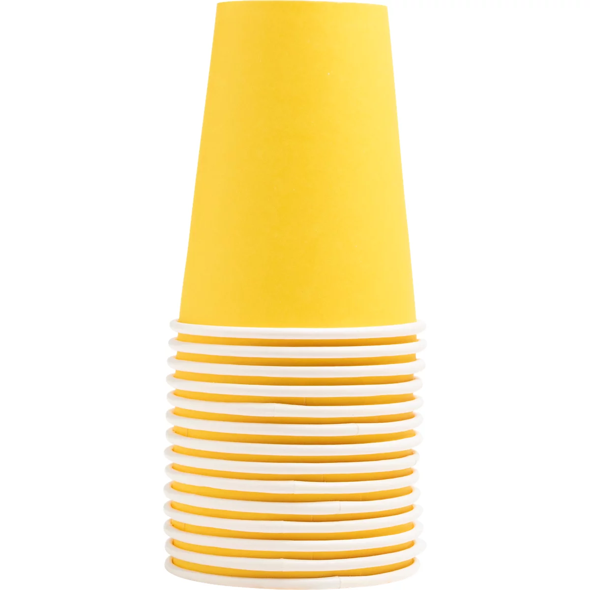 Gobelets en papier jaune, empilés.