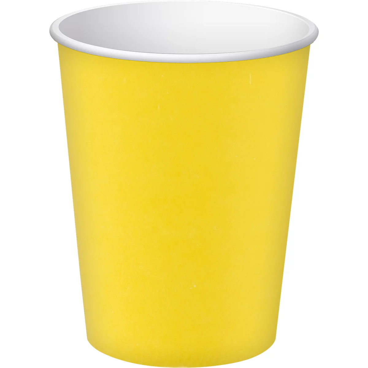 Gobelet en papier jaune, bord blanc, sur fond blanc.