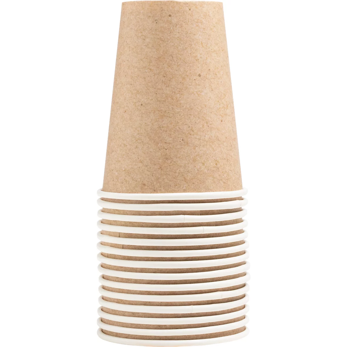 Une pile de gobelets en carton. Le gobelet du dessus est marron, ceux du dessous sont blancs.