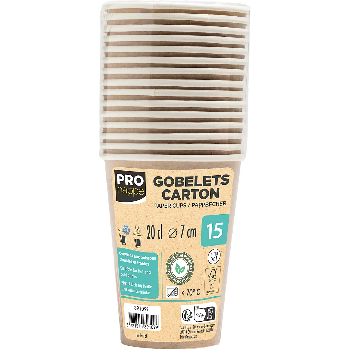 Paquet de gobelets en papier avec l'inscription "GOBELETS CARTON". Imprimé avec des informations sur le produit et des sceaux.