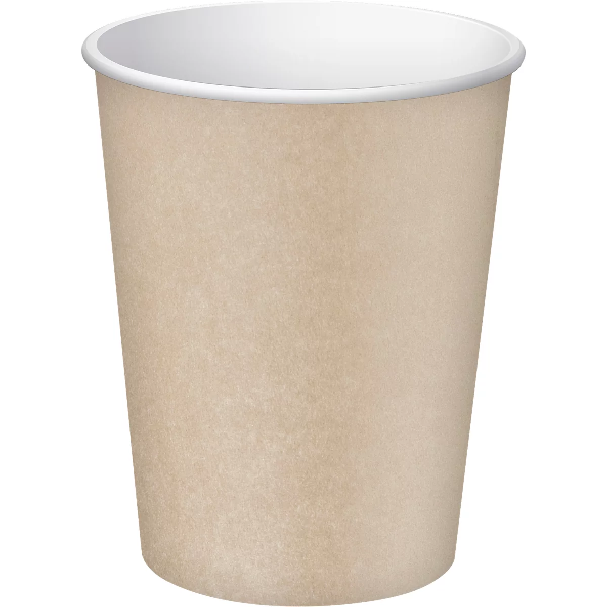 Gobelet en carton beige, intérieur blanc, bord supérieur renforcé.