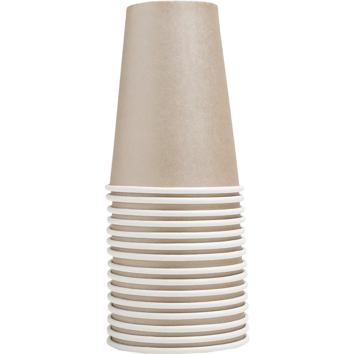 Une pile de gobelets en papier. Le gobelet du dessus est brun clair, le reste blanc.