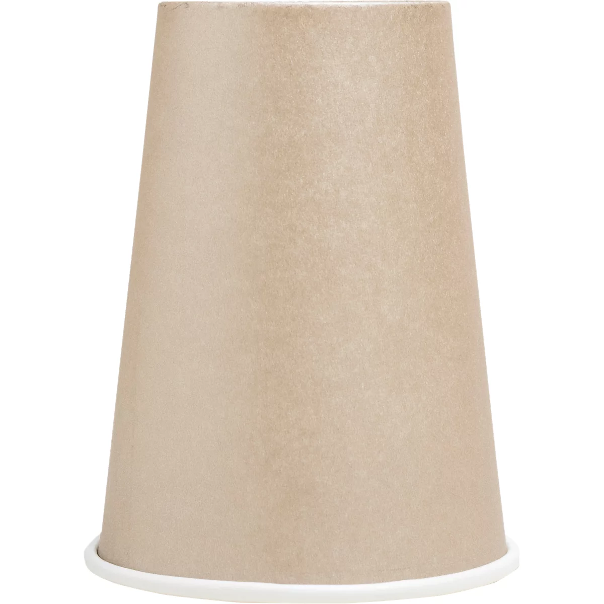 Gobelet en papier brun, bord blanc en bas.