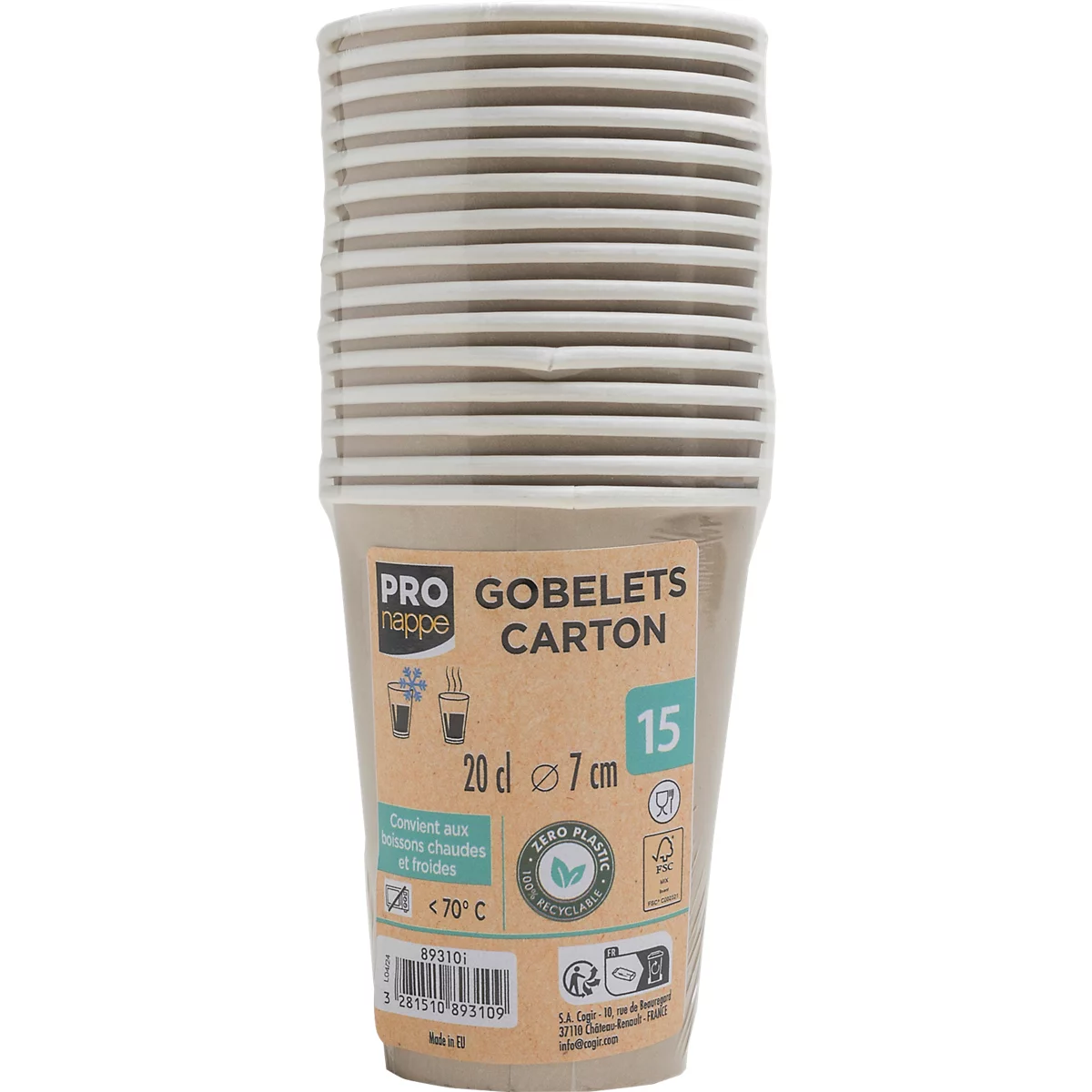 Pile de gobelets en carton avec étiquette. Des informations sur le contenu, la taille et la durabilité sont imprimées.