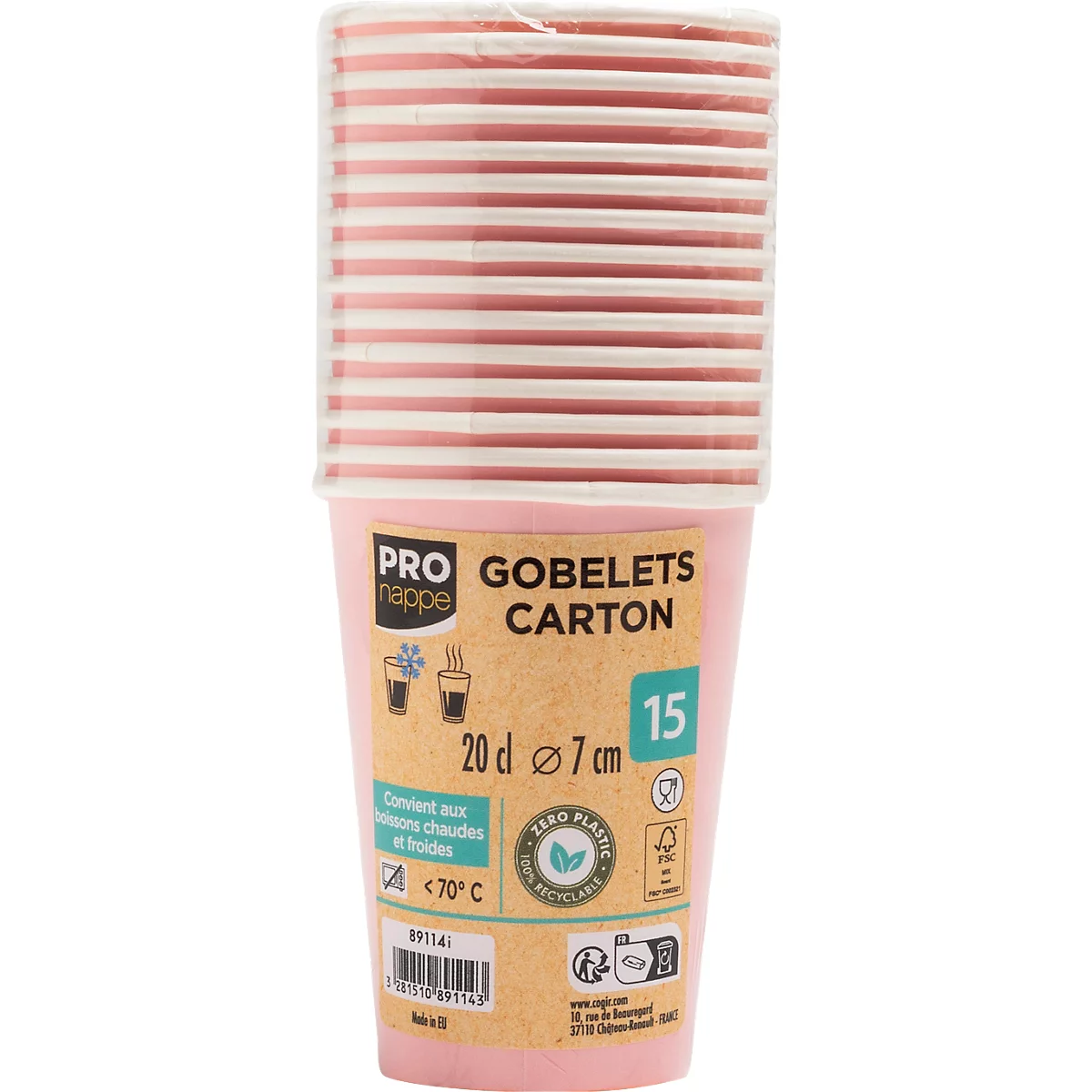 Pile de gobelets en carton roses. Inscription : 'GOBELETS CARTON', 20 cl, Ø 7 cm, 15 pièces. Pour boissons chaudes et froides jusqu'à 70°C.