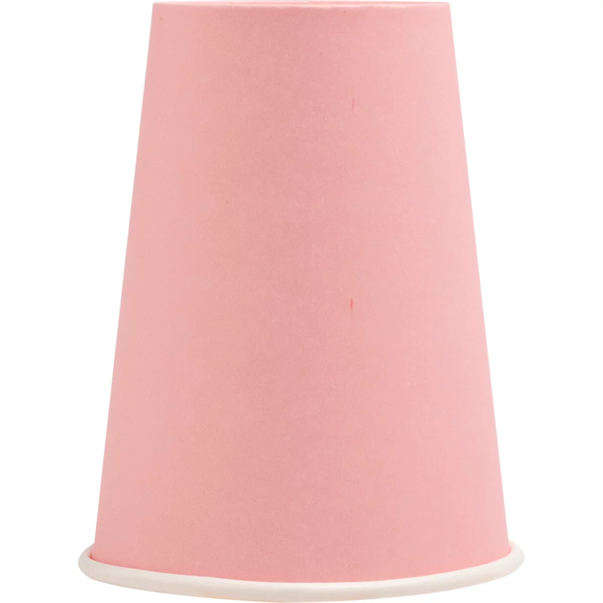 Gobelet en papier rose clair, conique, avec un bord blanc au fond.