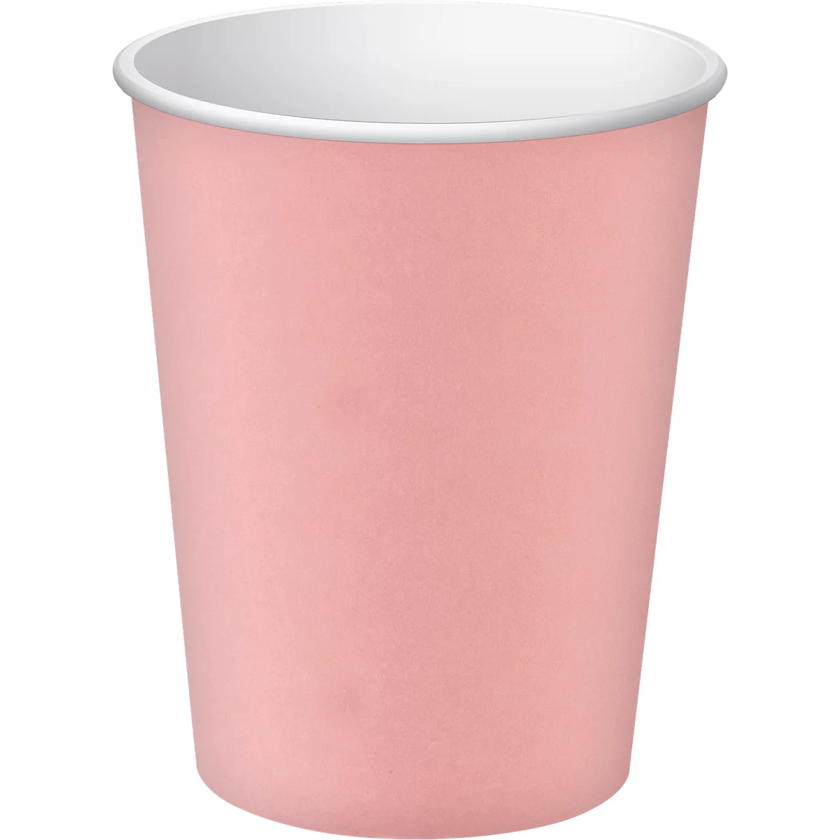 Gobelet en papier rose clair avec un bord blanc. Le gobelet est devant un fond blanc.
