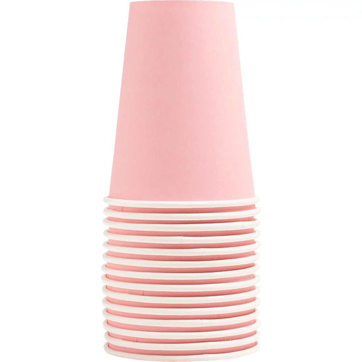 Pile de gobelets en papier rose. Les bords sont blancs et ondulés.