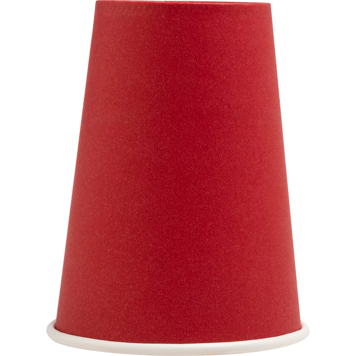 Gobelet en papier rouge avec bord blanc. Forme conique.