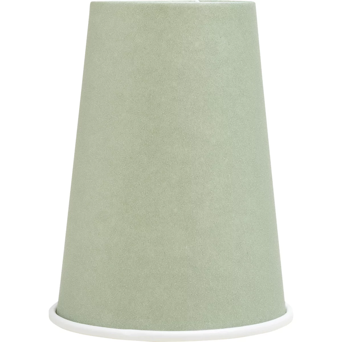 Gobelet en papier vert clair avec un bord blanc. Le gobelet conique repose sur un fond blanc.