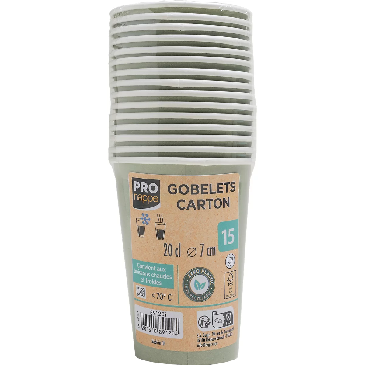 Une pile de gobelets en carton dans des tons verts et blancs avec une étiquette. Texte imprimé : "GOBELETS CARTON 15".