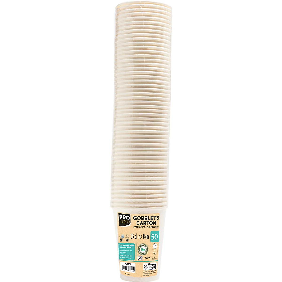 Une tour de gobelets en papier blanc, partiellement ondulés, avec du texte. Inscription : "GOBELETS CARTON" et "50".