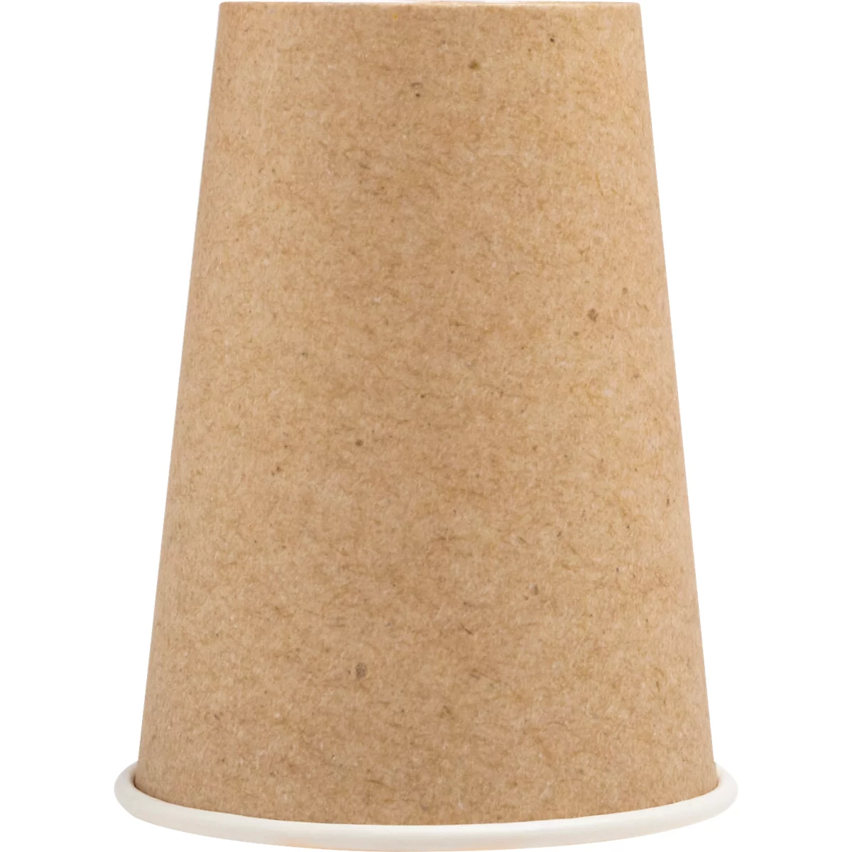 Becher aus braunem Papier, weisser Rand. Kegelförmig.