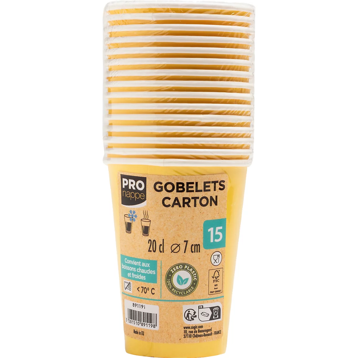 Ein Stapel gelber Pappbecher mit der Aufschrift "GOBELETS CARTON".