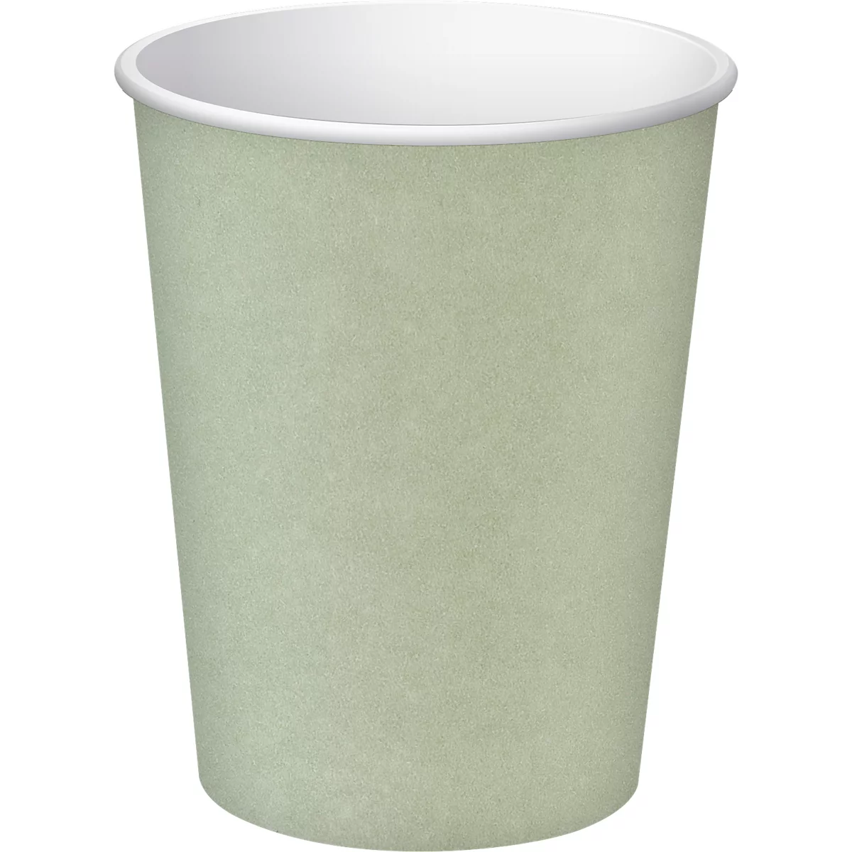 Hellgrüner Pappbecher mit weissem Rand. Der Becher steht vor weissem Hintergrund.