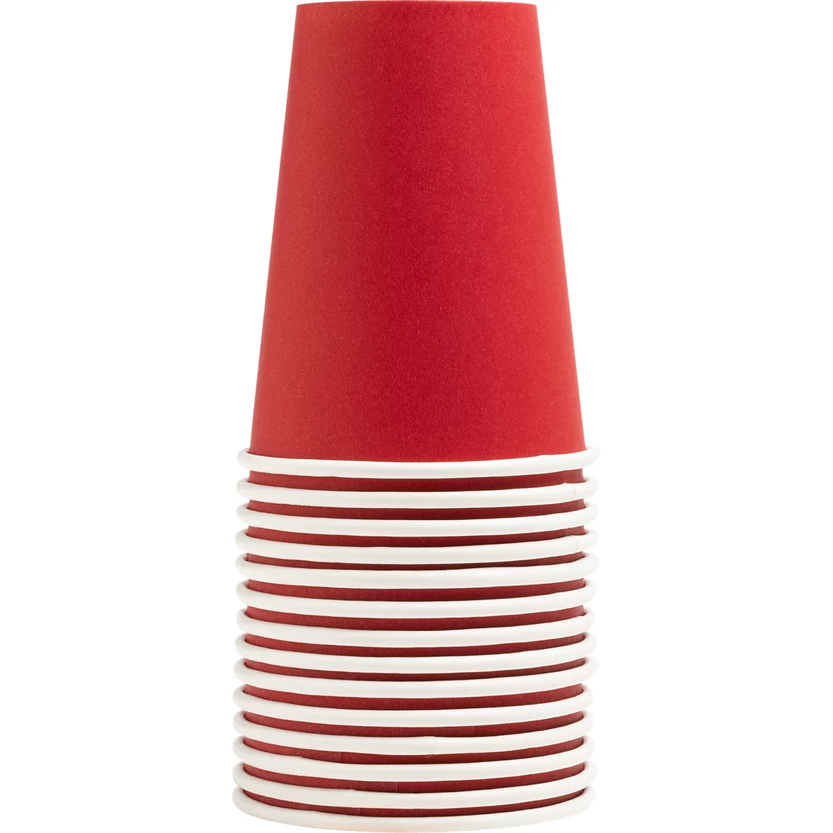 Ein Stapel roter Pappbecher, einige mit weissem Rand. Der obere Becher steht auf dem Stapel.