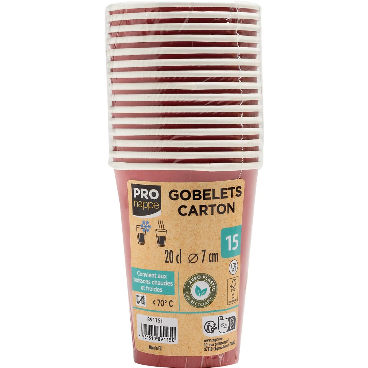 Ein Paket roter Pappbecher mit weissen Streifen, eingeschweisst in Folie. Auf dem Becher steht "GOBELETS CARTON 20cl".
