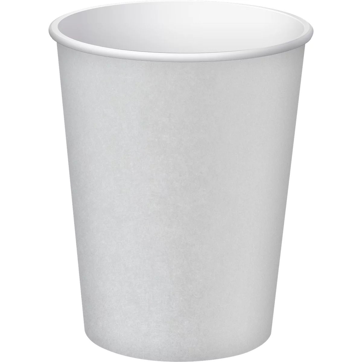 Weisser Pappbecher, leer. Der Becher hat eine leicht konische Form.