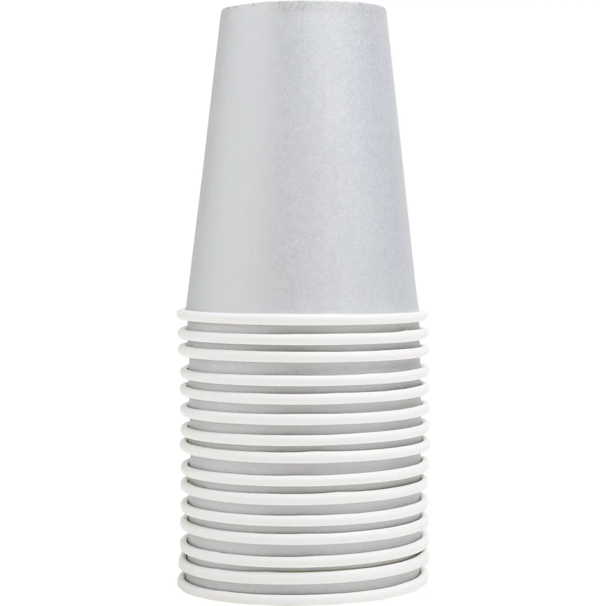 Ein Stapel silberfarbener Pappbecher. Der obere Becher ist nach oben verjüngt.