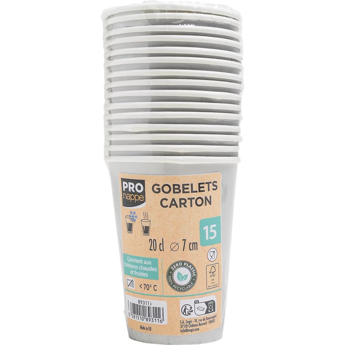 Ein Stapel Pappbecher mit Etikett. Aufdruck: "GOBELETS CARTON, 15 Stück, 20 cl, 7 cm".