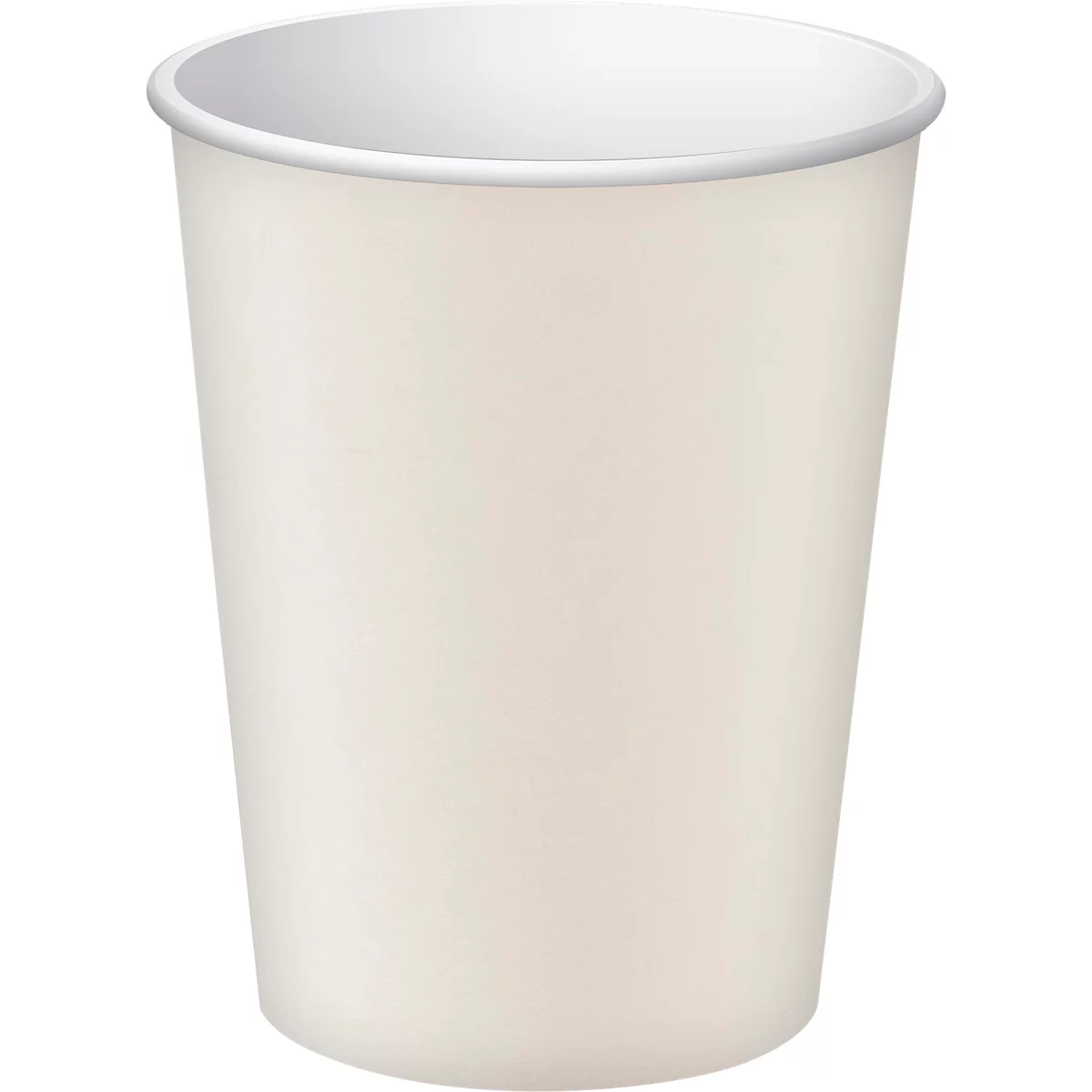 Becher aus Pappe, weiss, zylindrisch, mit weissem Rand.