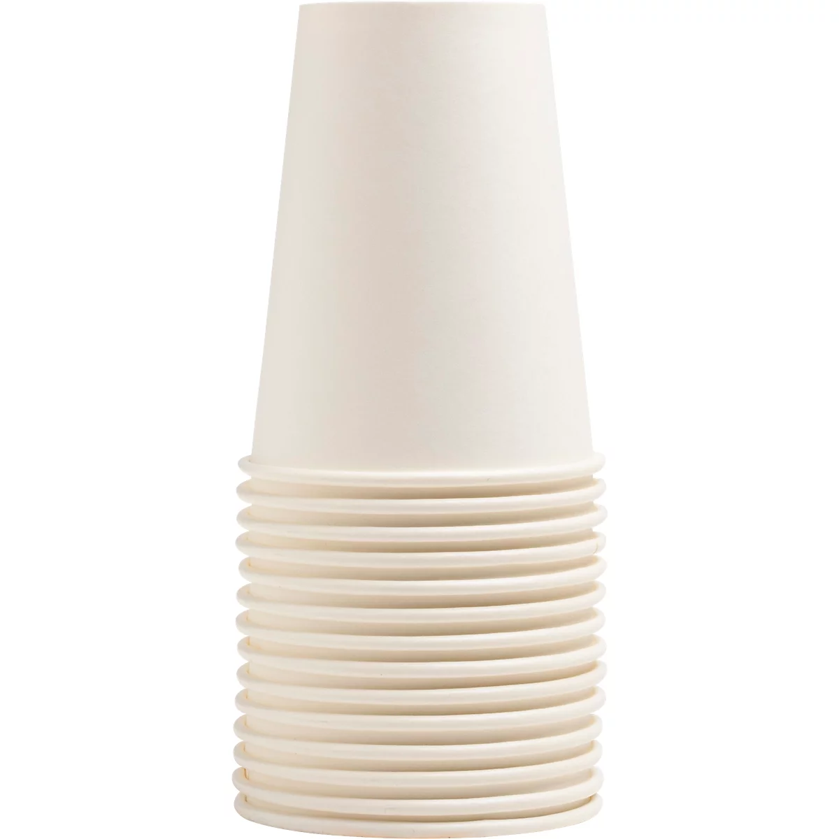 Ein Stapel von hellen Pappbechern. Die Becher sind leicht konisch und stehen aufeinander.