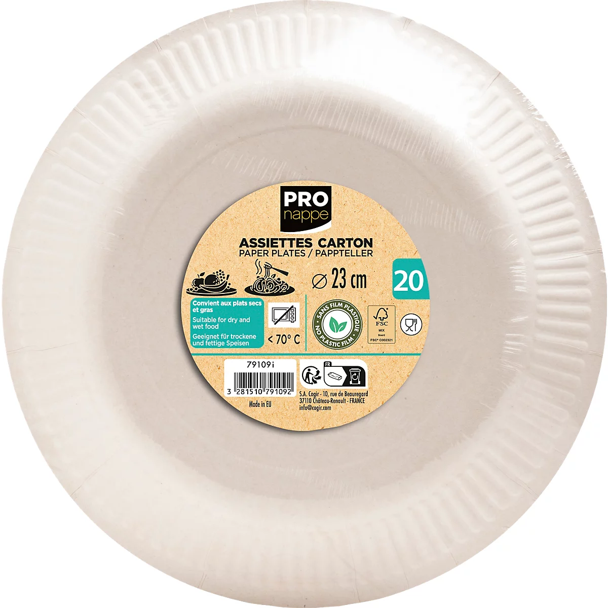 Hellbraune Pappteller, eingeschweisst, mit Produktbeschreibung und technischen Details. Aufdruck: 23 cm, 20 Stück.